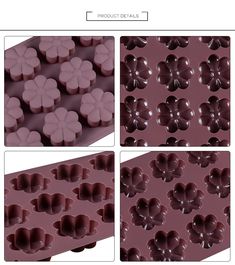 four different views of chocolate molds with flowers on them, and the top one is pink