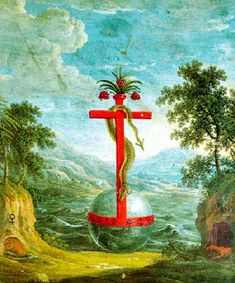 an image of a painting with a cross in the middle and other things around it