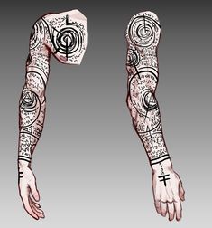 a drawing of a man's arm with tattoos on it