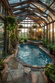 an indoor swimming pool surrounded by greenery