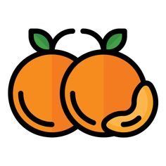 two oranges with green leaves on the top and one in the middle, sitting next to each other