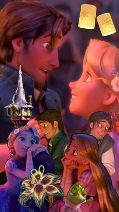 the princess and the frog are looking at each other in front of an image of two people