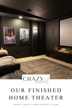 a home theater with the words crazy on it and an image of a movie screen