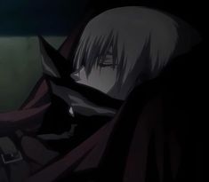 an anime character with white hair and black eyes is looking at something in the distance