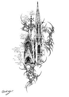 a black and white drawing of a church tower with vines growing out of the side