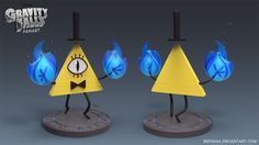three cartoon figures with blue and yellow flames in the shape of pyramids on top of each other