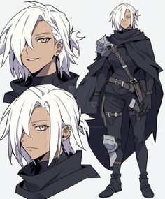 three anime characters with white hair and black clothes