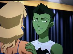 two cartoon characters standing next to each other in front of curtained walls, one with green eyes and the other with blonde hair