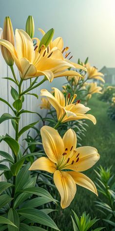 yellow lilies are blooming in front of a white fence