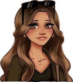 a woman with long brown hair and glasses on her head is looking at the camera