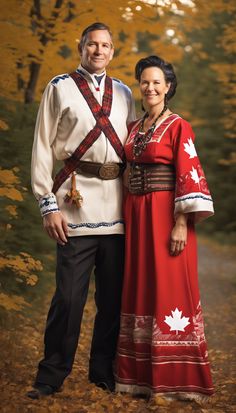 a man and woman dressed in traditional canadian clothing posing for a photo with leaves on the ground