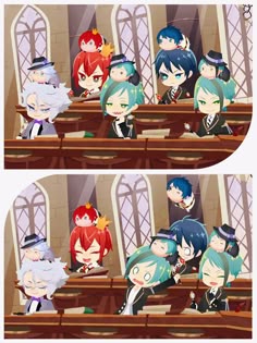 some anime characters are sitting in a courtroom