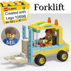 a yellow lego truck with a man in the driver's seat and an image of a forklift behind it