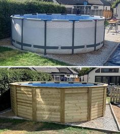an above ground swimming pool is shown before and after being installed in a backyard area