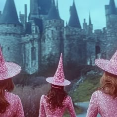 two women in pink sequined outfits and hats are facing away from the camera