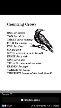 a black bird sitting on top of a white sheet with words written in the middle