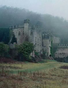 an old castle sitting on top of a lush green hillside covered in foggy mist