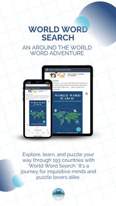 the world word search is displayed on an ipad and tablet screen with text below it