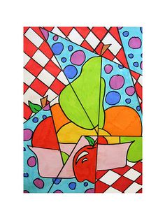 an abstract painting with fruit and checkered background