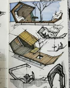 an open book with drawings on it showing different types of furniture and trees in the background