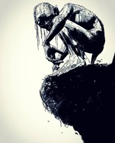 a drawing of a man sitting on top of a hill