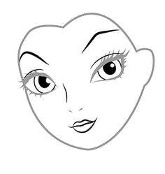 a woman's face with big eyes and long eyelashes, drawn in black and white
