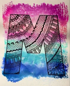 the letter m is made up of many different colors and patterns, including blue, pink,