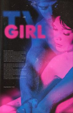 the poster for tv girl shows two women in blue and pink, with one woman's arm wrapped around her chest