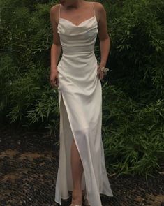 White Silk Prom Dress, White Silk Prom Dress Long, Silk White Prom Dress, Simple White Grad Dress, White Grad Dress Long, Long Silk Dress, White Silky Prom Dress, White Spaghetti Strap Slip Dress For Prom, Long White Satin Slip Dress