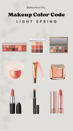 Light Spring Makeup Colors, Light Spring Lipstick, Light Spring Colour Palette, Light Spring Makeup Look, Light Spring Makeup Palette, Soft Spring Makeup, Warm Spring Color Palette Makeup, Light Spring Eyeshadow, Spring Palette Makeup