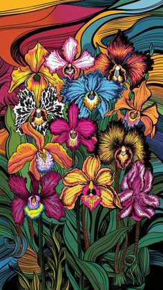 an image of colorful flowers in the middle of a painting with waves on it's surface