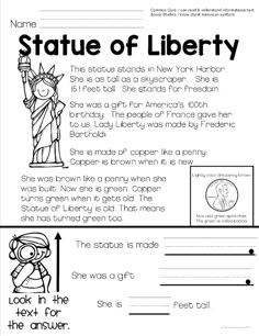 the statue of liberty worksheet for students to practice reading and writing with pictures