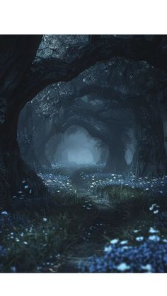 a dark forest filled with lots of trees and bluebells in the foreground