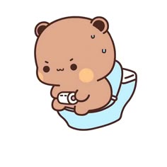 a brown teddy bear sitting on top of a blue toilet seat holding a remote control