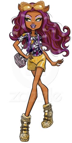 an image of a cartoon character with long hair and purple hair wearing yellow shorts, boots and