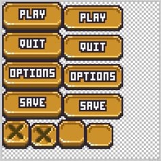an old school pixel style game item with the words, play out options and save