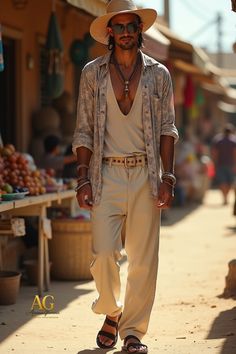 Descubre la esencia del estilo boho chic masculino con este look veraniego lleno de personalidad y frescura. Una camisa ligera, pantalones en tono neutro, sombrero de ala ancha y accesorios artesanales se combinan para un outfit relajado y sofisticado. Perfecto para días soleados con un toque moderno y auténtico. | Discover the essence of boho chic men’s fashion with this summer look full of personality and freshness. A light shirt, neutral trousers, wide-brim hat, and artisanal accessories create a relaxed yet sophisticated outfit. Perfect for sunny days with a modern, authentic touch. #BohoChic #MensFashion #SummerStyle #EstiloBohemio #AGArmoníaGlamour Boho Chic Men Outfits, Bohemian Style Men Outfits Boho Chic, Boho Chic Man, Bohemian Man Outfit, Men’s Boho Outfit, Boho Chic Man Style, Bohemian Outfit Men Party, Boho Outfits Men Bohemian, White Boho Men Outfit