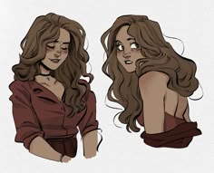 a drawing of two women with long hair and one wearing a red shirt, the other brown