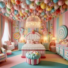 a bedroom decorated in pastel colors with lots of balloons hanging from the ceiling and furniture