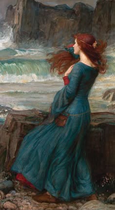 a painting of a woman sitting on a rock by the ocean with her hair blowing in the wind