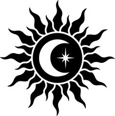 a black and white sun with a star in the middle