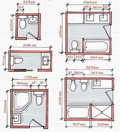 the floor plan for a small bathroom is shown in red and white, with three separate areas