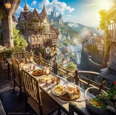 an image of a table with food on it in the middle of a cliff side town