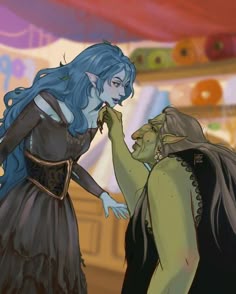 an animated image of two people dressed in costumes and one is holding the hand of another person