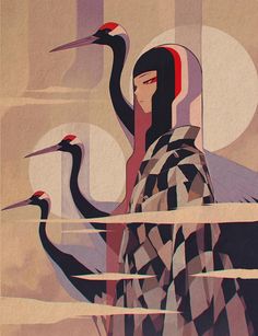 a woman standing next to two birds in front of a window with the sun behind her