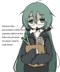 an anime character with green hair and glasses holding a drink in her hand, while the caption reads