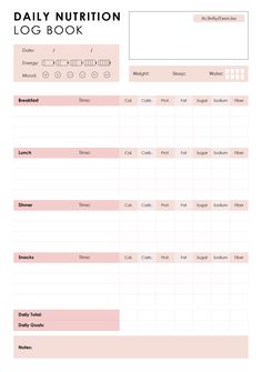 the daily nutrition log is shown in pink