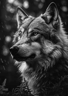 a black and white photo of a wolf in the rain