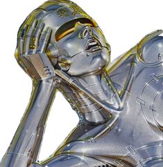 a drawing of a woman in silver with her hand on her head and arm raised to the side