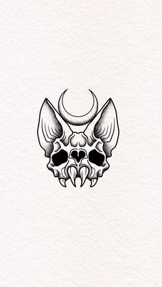 a black and white drawing of a skull with horns on it's head, in the shape of a bat